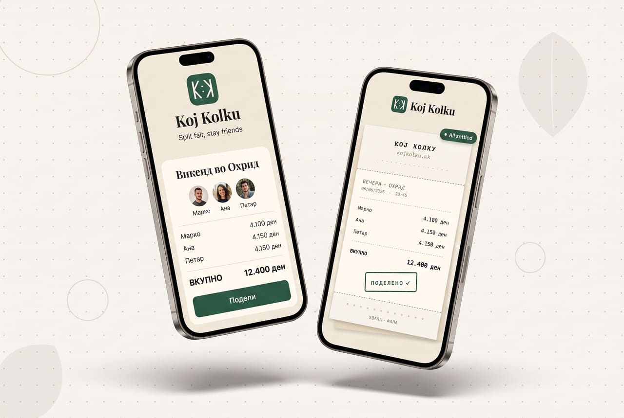 Two phones showing the Koj Kolku expense-splitting app