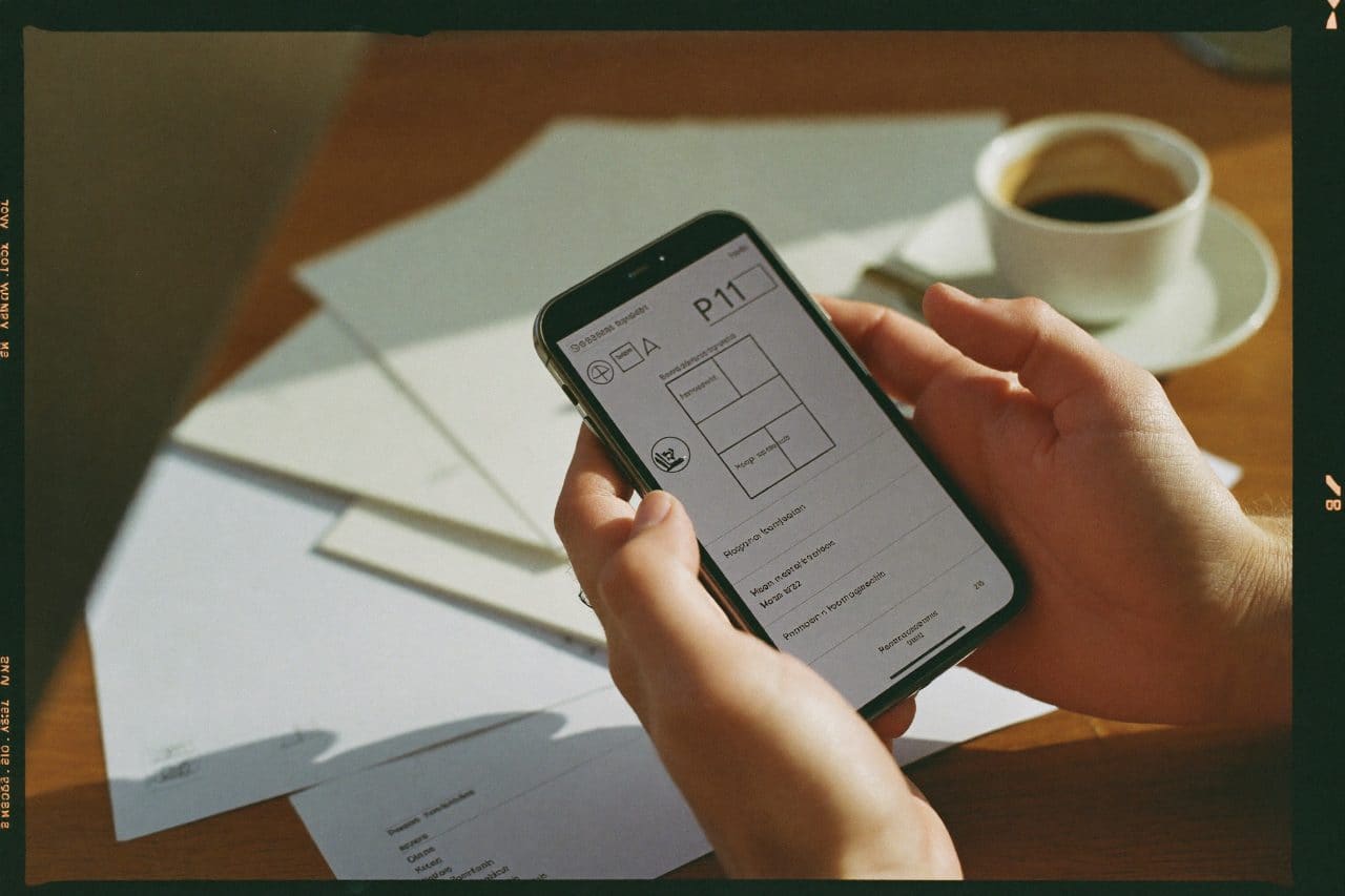 A prototype on a phone beside printed wireframes